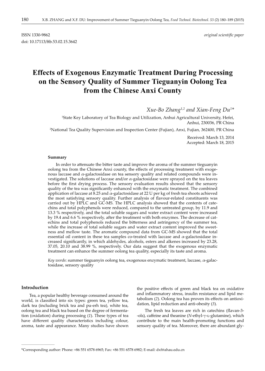 Effects of Exogenous Enzymatic Treatment During Processing on the Sensory Quality of Summer Tieguanyin Oolong Tea from the Chinese Anxi County