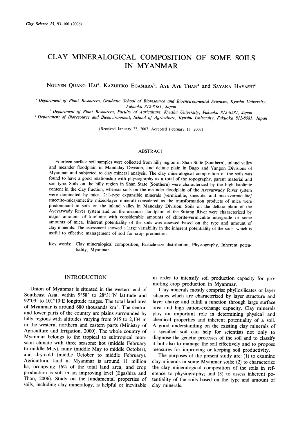 Clay Mineralogical Composition of Some Soils in Myanmar