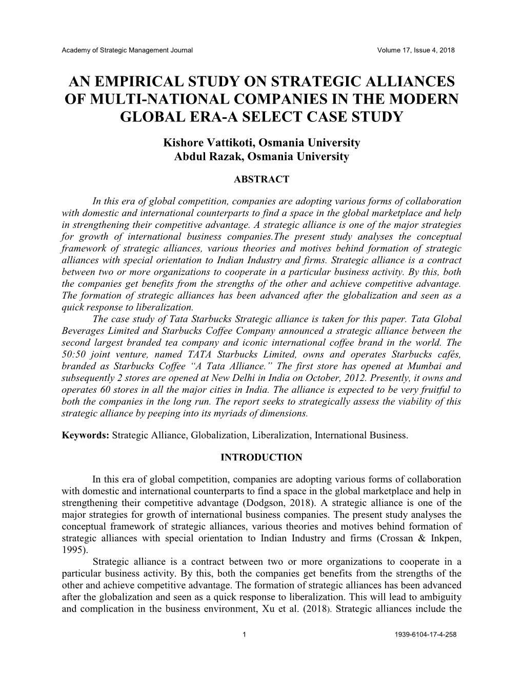 An Empirical Study on Strategic Alliances of Multi-National