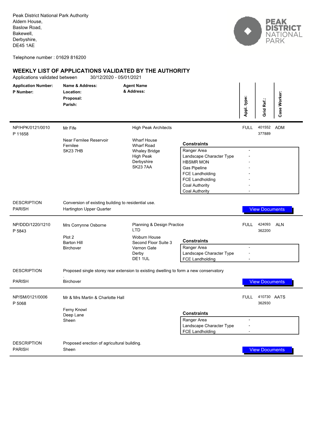 Weekly List of Applications