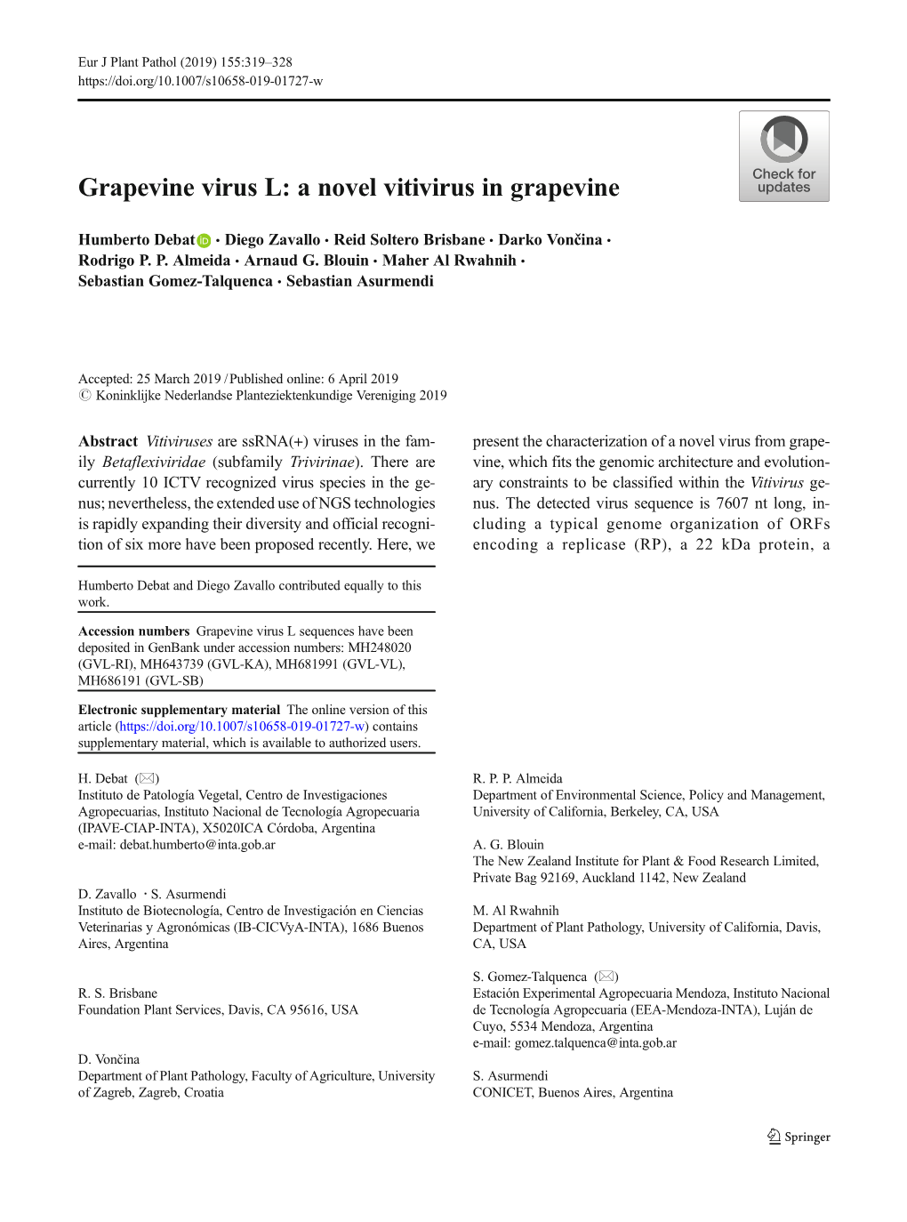 Grapevine Virus L: a Novel Vitivirus in Grapevine