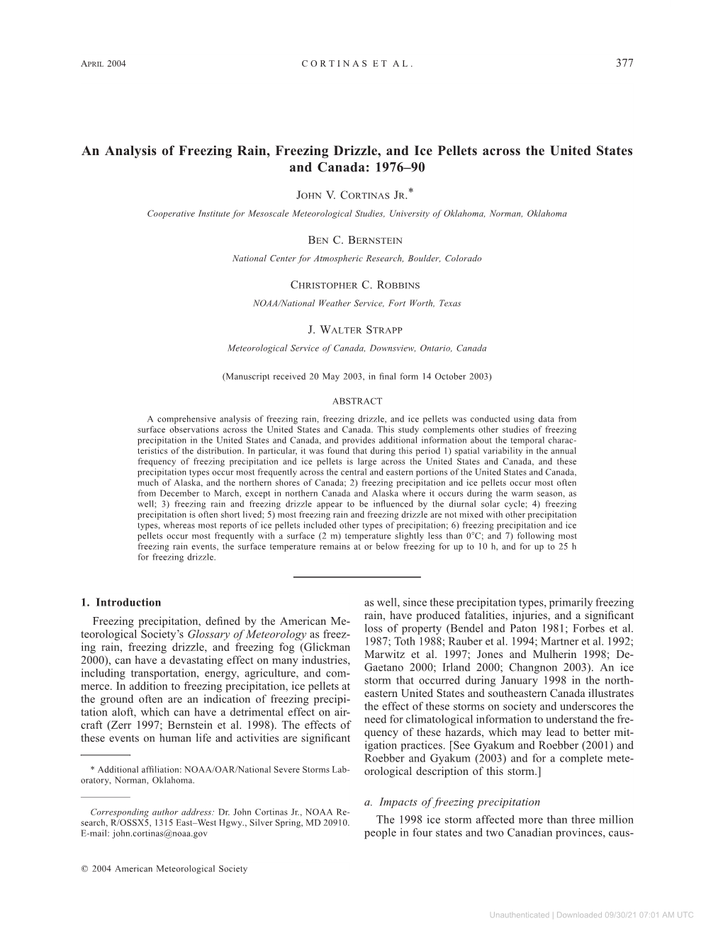 An Analysis of Freezing Rain, Freezing Drizzle, and Ice Pellets Across the United States and Canada: 1976±90