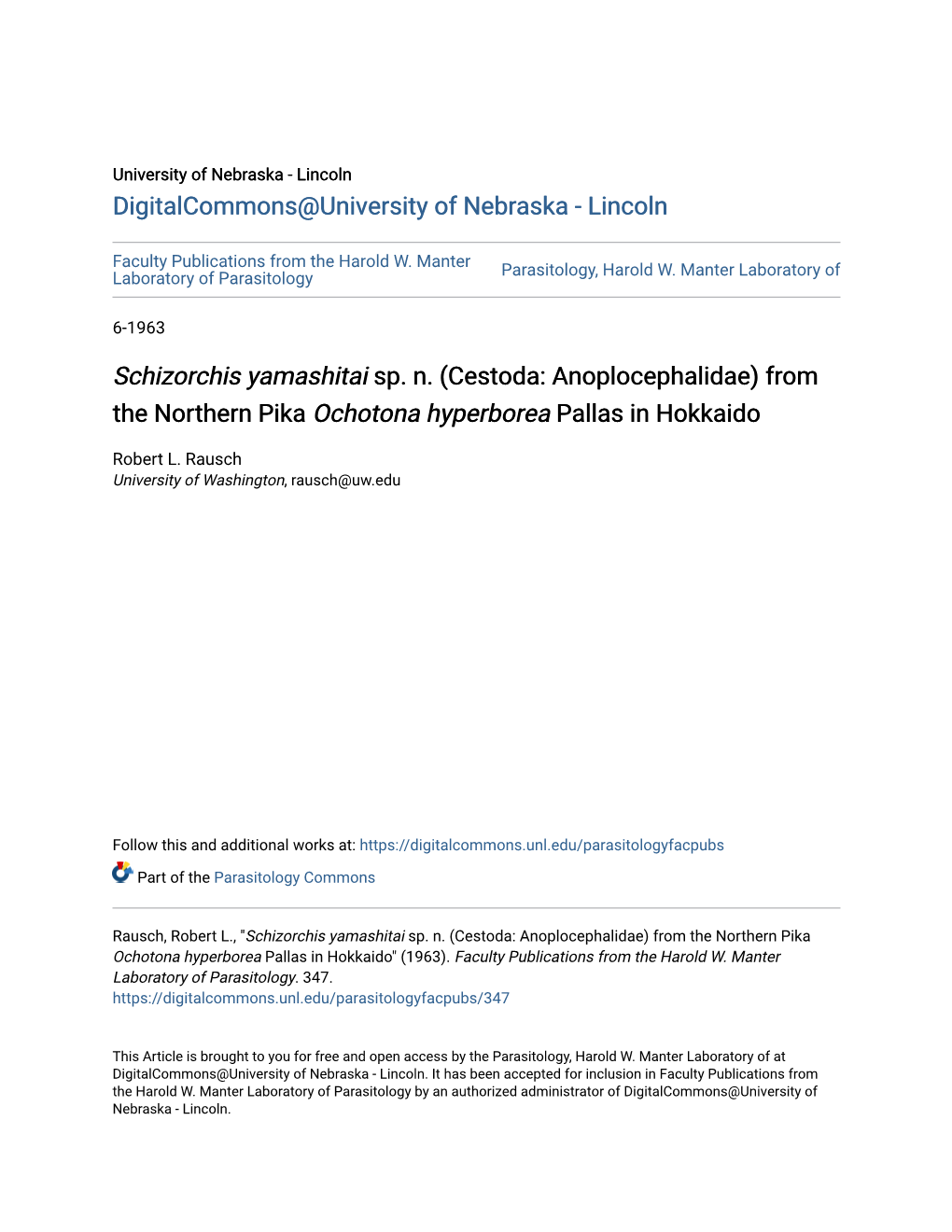 Cestoda: Anoplocephalidae) from the Northern Pika Ochotona Hyperborea Pallas in Hokkaido