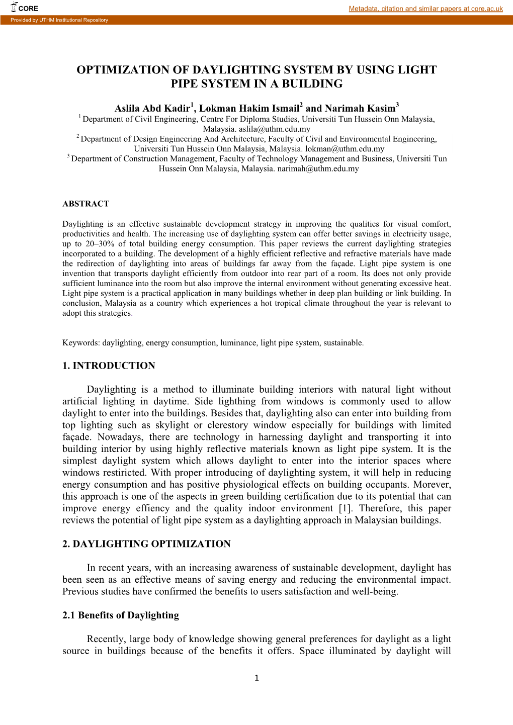 Optimization of Daylighting System by Using Light Pipe System in a Building