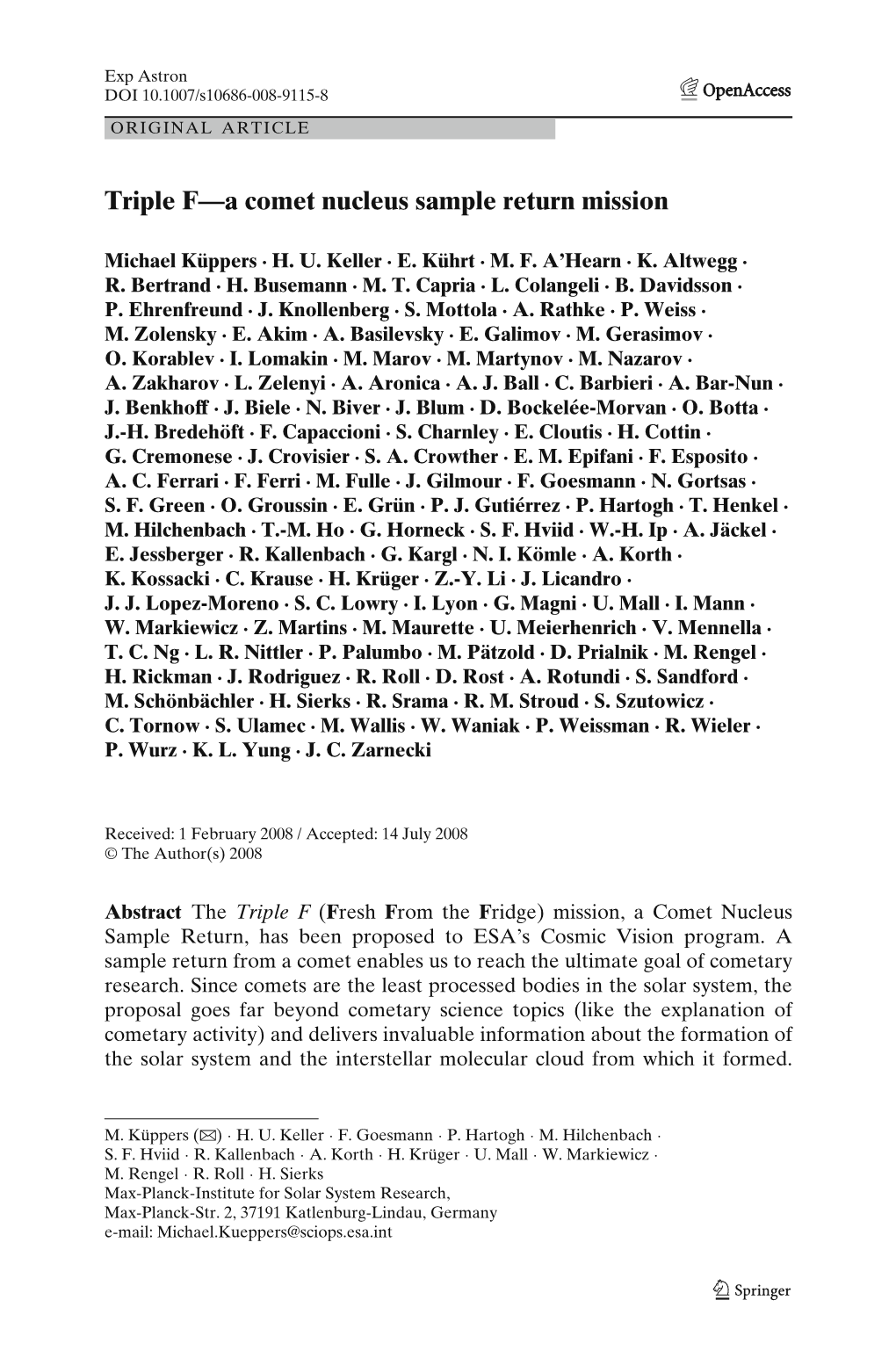 Triple F—A Comet Nucleus Sample Return Mission