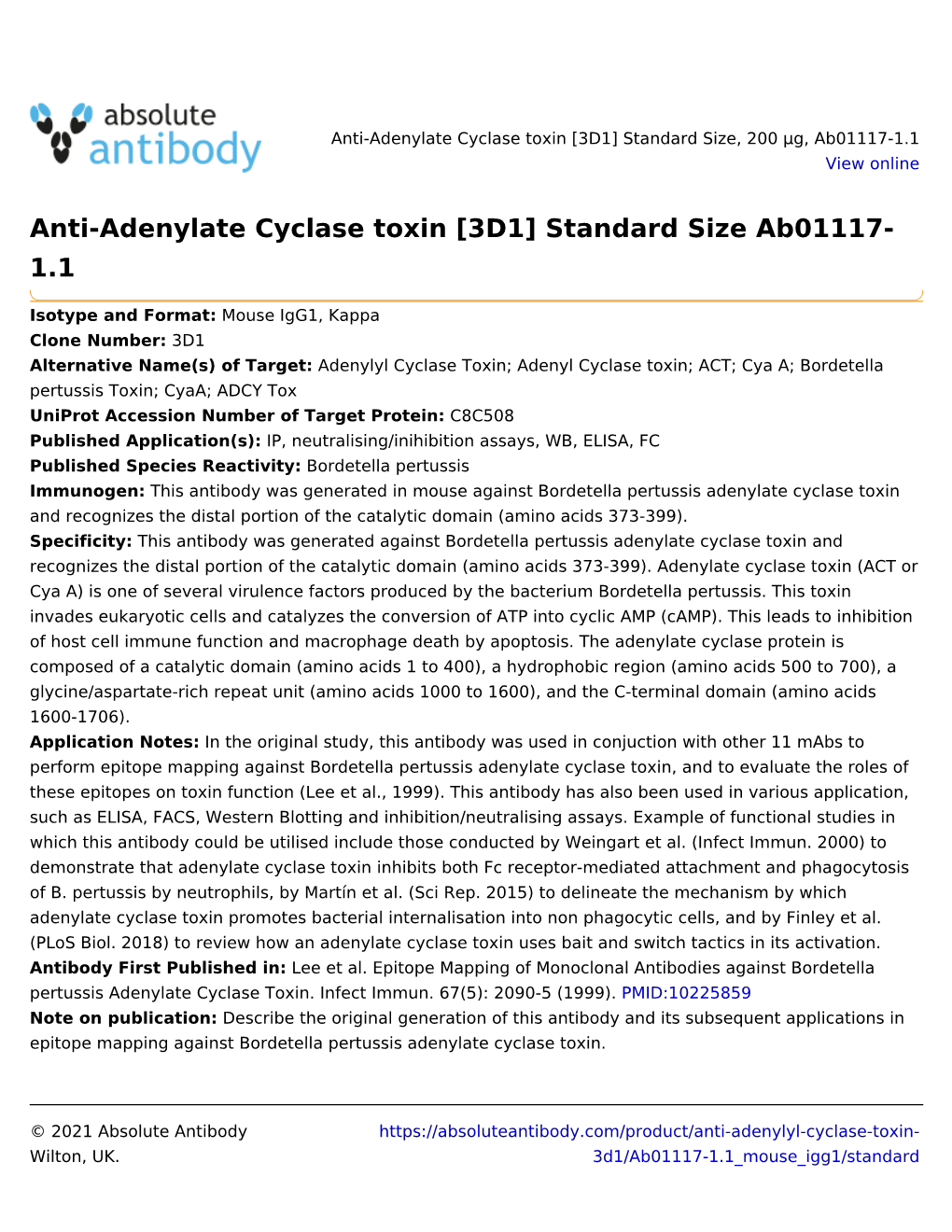 Anti-Adenylate Cyclase Toxin [3D1] Standard Size Ab01117- 1.1