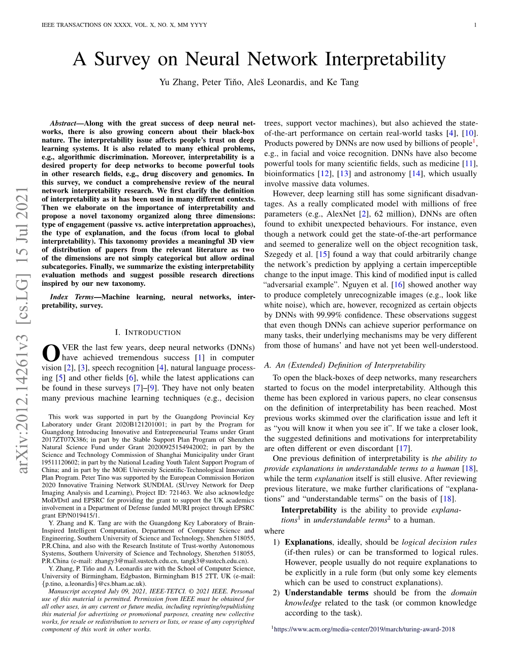 A Survey on Neural Network Interpretability Yu Zhang, Peter Tino,ˇ Alesˇ Leonardis, and Ke Tang