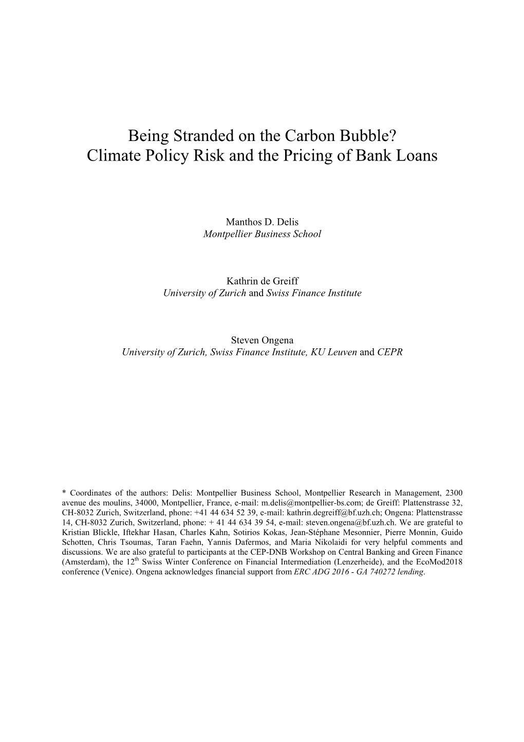 Being Stranded on the Carbon Bubble? Climate Policy Risk and the Pricing of Bank Loans