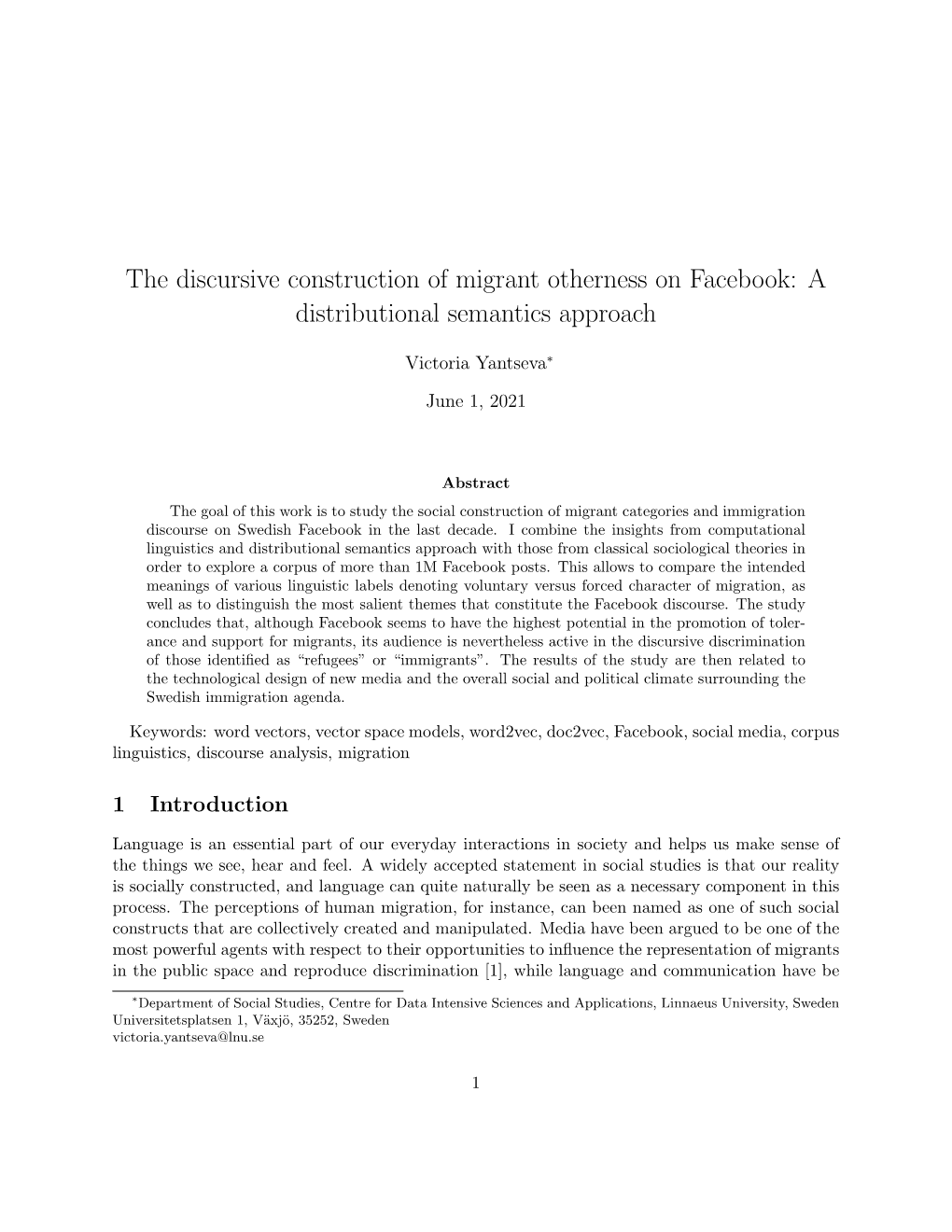 The Discursive Construction of Migrant Otherness on Facebook: a Distributional Semantics Approach