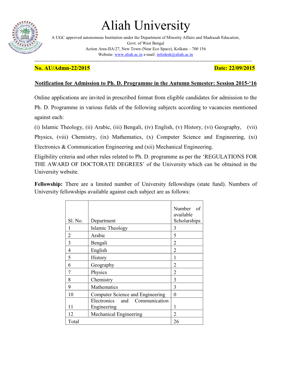 Aliah University a UGC Approved Autonomous Institution Under the Department of Minority Affairs and Madrasah Education, Govt