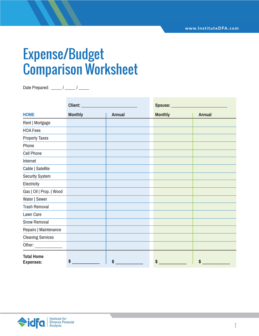 Expense/Budget Comparison Worksheet