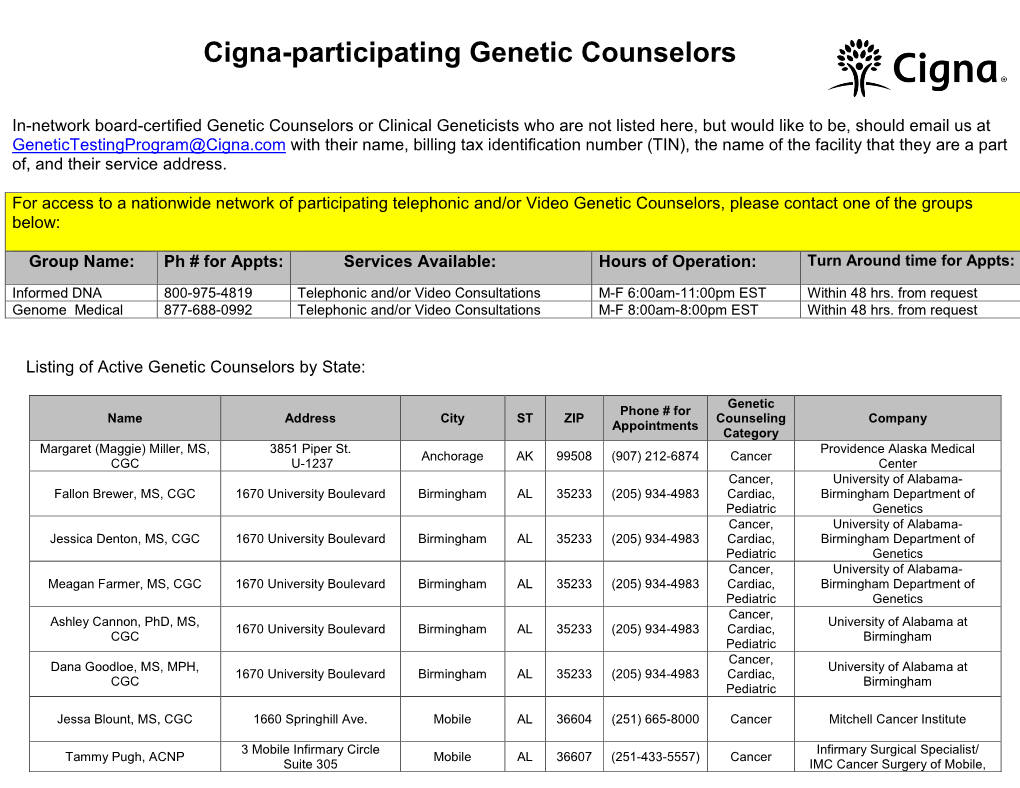 Cigna-Participating Genetic Counselors