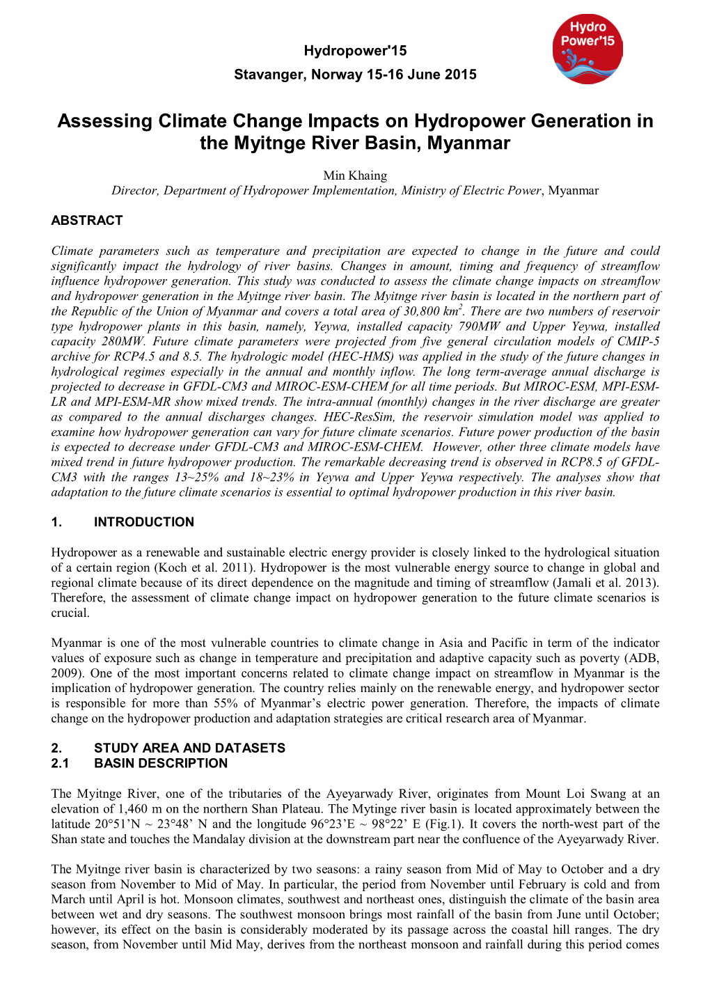 Climate Change Impacts on Hydropower Generation in the Myitnge River Basin, Myanmar