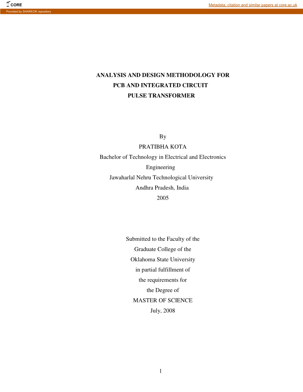 1 Analysis and Design Methodology for Pcb and Integrated Circuit Pulse Transformer