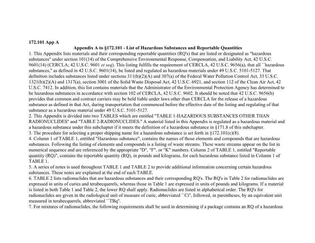 List of Hazardous Substances and Reportable Quantities 1. This Appendix Lists Materials