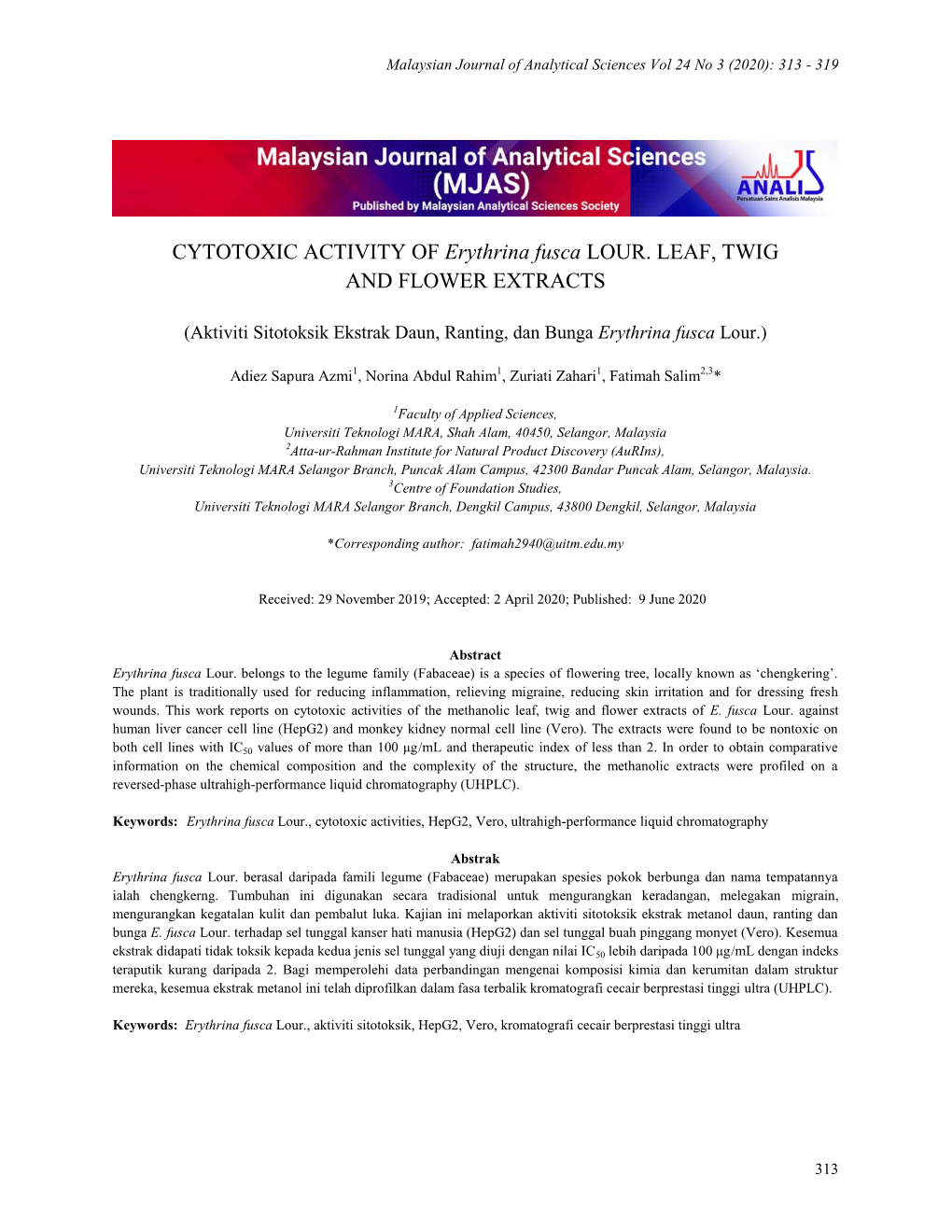 CYTOTOXIC ACTIVITY of Erythrina Fusca LOUR. LEAF, TWIG and FLOWER EXTRACTS