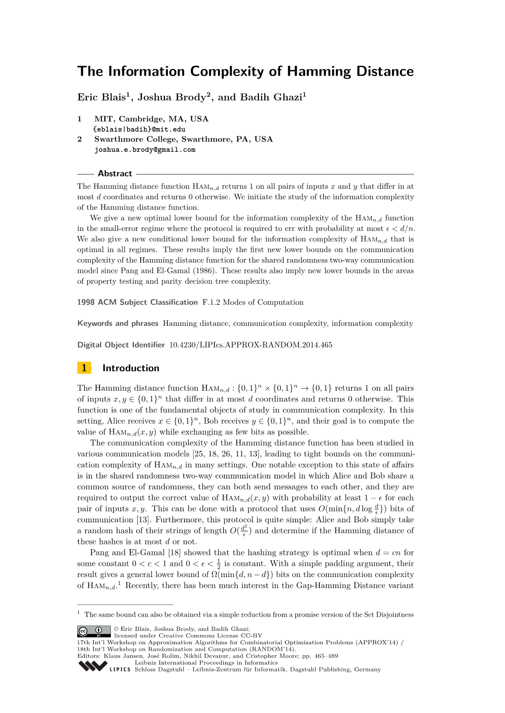 The Information Complexity of Hamming Distance