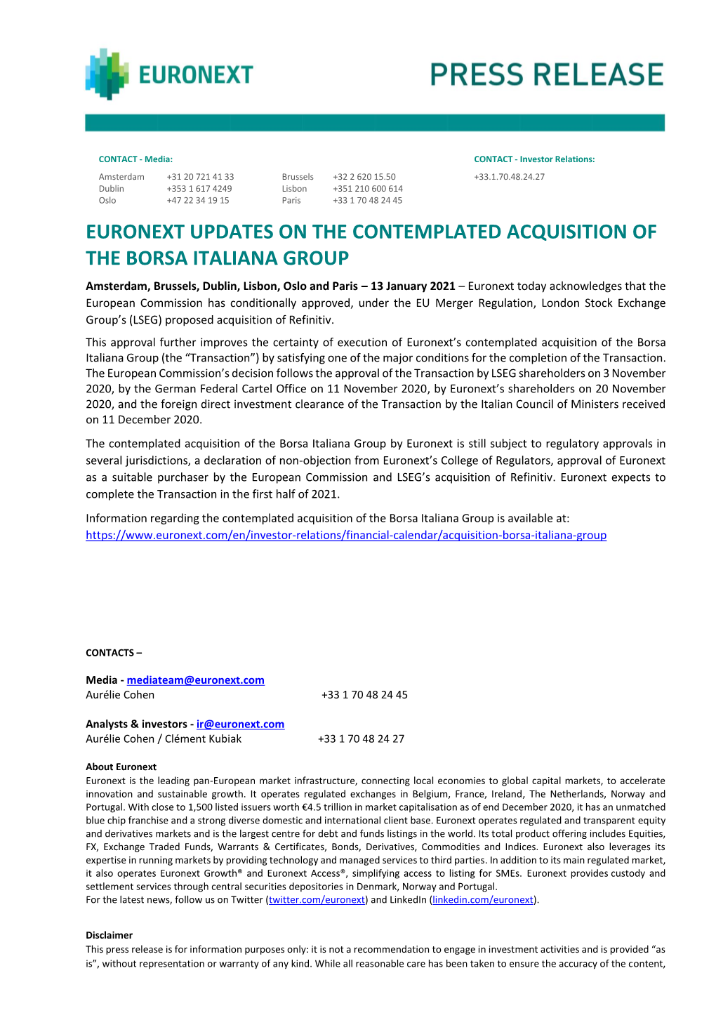 Euronext Updates on the Contemplated Acquisition of the Borsa Italiana Group