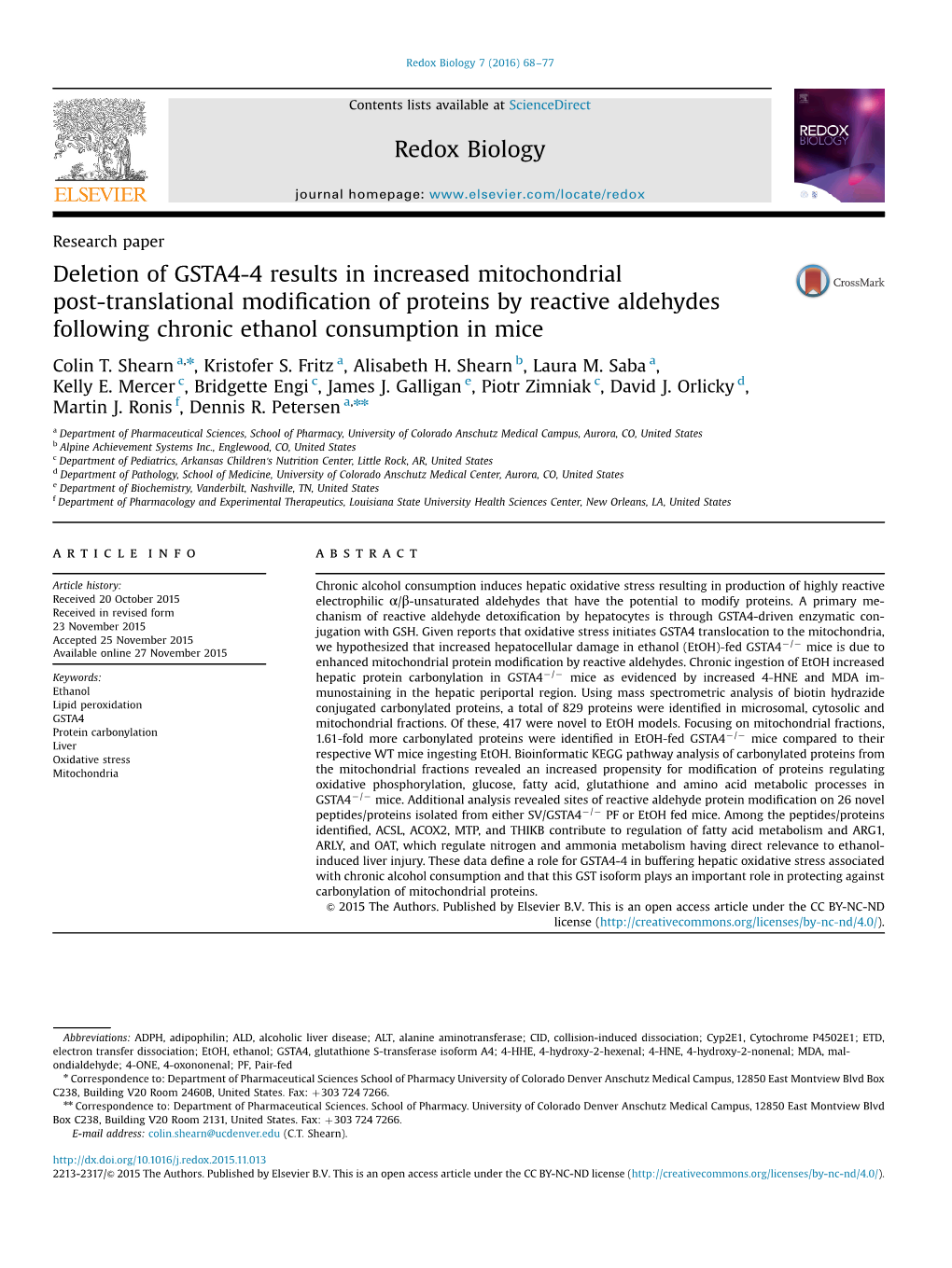 Deletion of GSTA4-4 Results in Increased Mitochondrial Post-Translational Modiﬁcation of Proteins by Reactive Aldehydes Following Chronic Ethanol Consumption in Mice