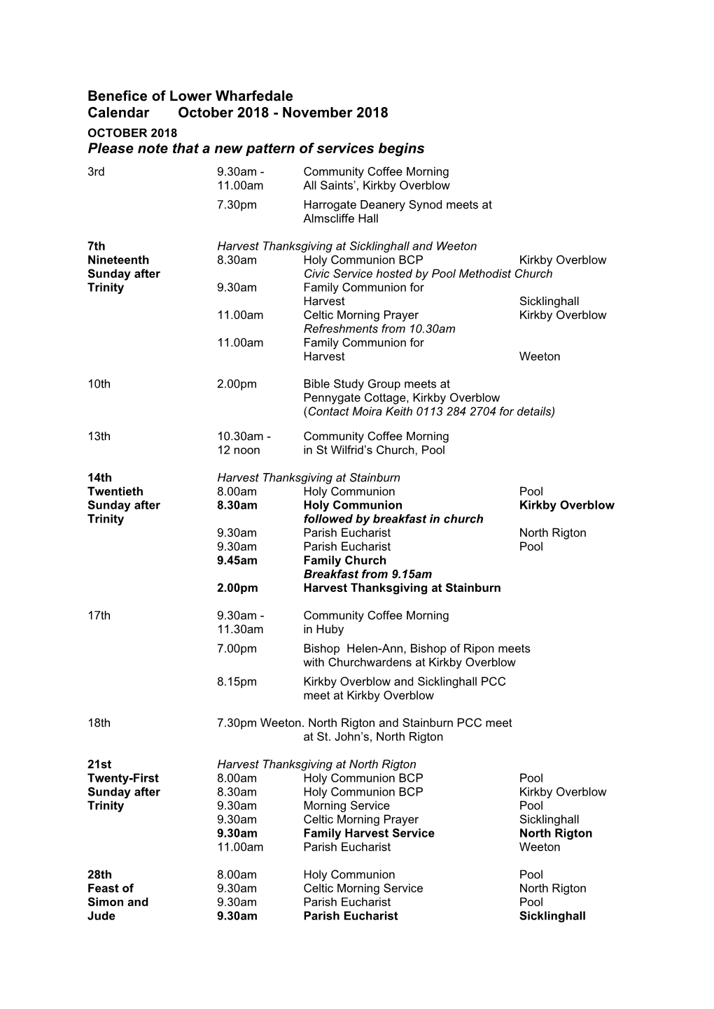 Benefice of Lower Wharfedale Calendar October 2018 - November 2018