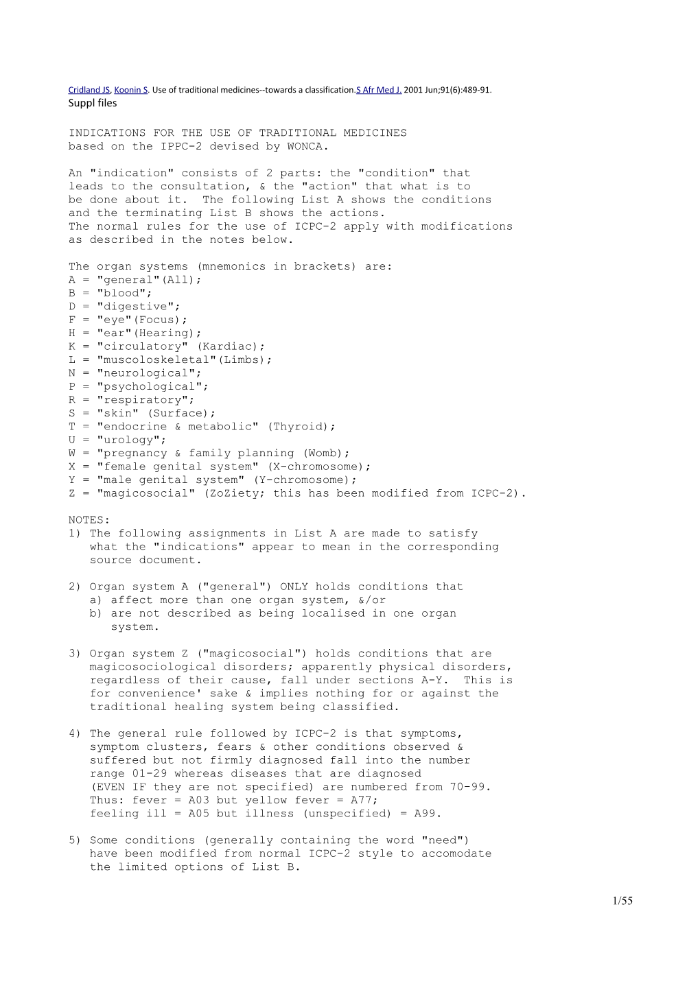 INDICATIONS for the USE of TRADITIONAL MEDICINES Based on the IPPC-2 Devised by WONCA