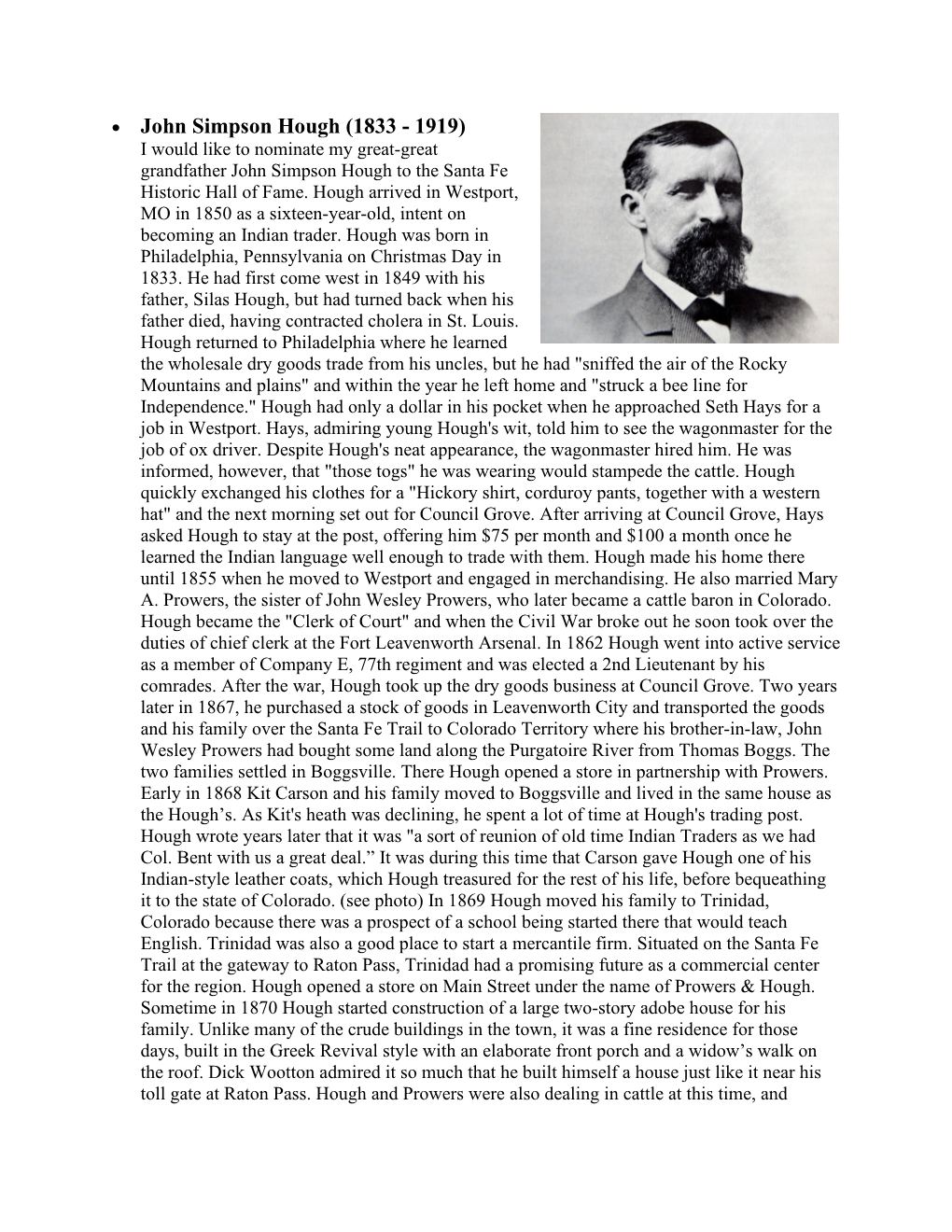 John Simpson Hough (1833 - 1919) I Would Like to Nominate My Great-Great Grandfather John Simpson Hough to the Santa Fe Historic Hall of Fame