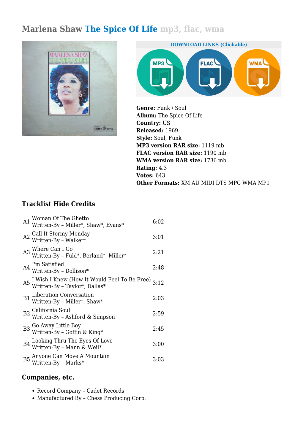 Marlena Shaw the Spice of Life Mp3, Flac, Wma