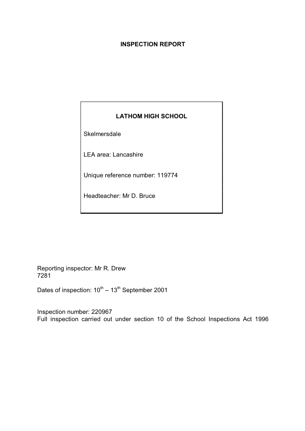 INSPECTION REPORT LATHOM HIGH SCHOOL Skelmersdale LEA