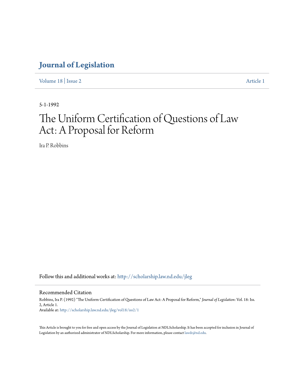 The Uniform Certification of Questions of Law Act: a Proposal for Reform