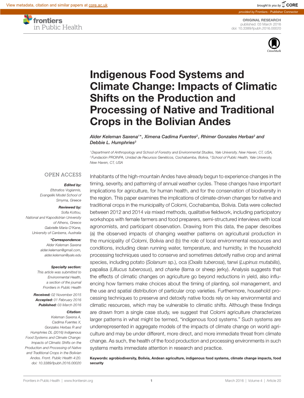 Indigenous Food Systems and Climate Change: Impacts of Climatic Shifts on the Production and Processing of Native and Traditional Crops in the Bolivian Andes