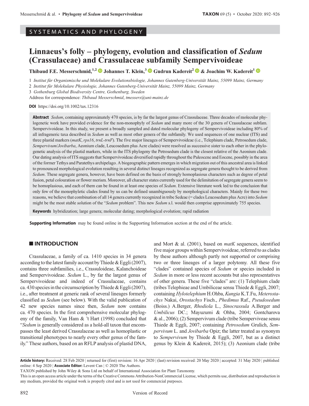 Linnaeus's Folly – Phylogeny, Evolution and Classification of Sedum