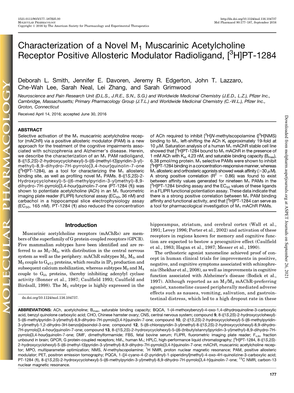 Characterization of a Novel M1 Muscarinic Acetylcholine Receptor Positive Allosteric Modulator Radioligand, [3H]PT-1284