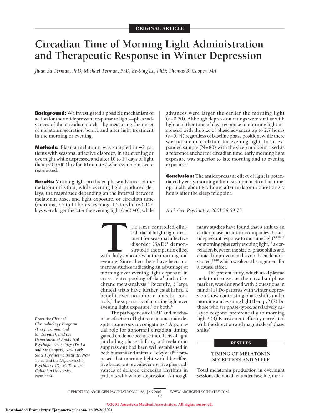 Circadian Time of Morning Light Administration and Therapeutic Response in Winter Depression