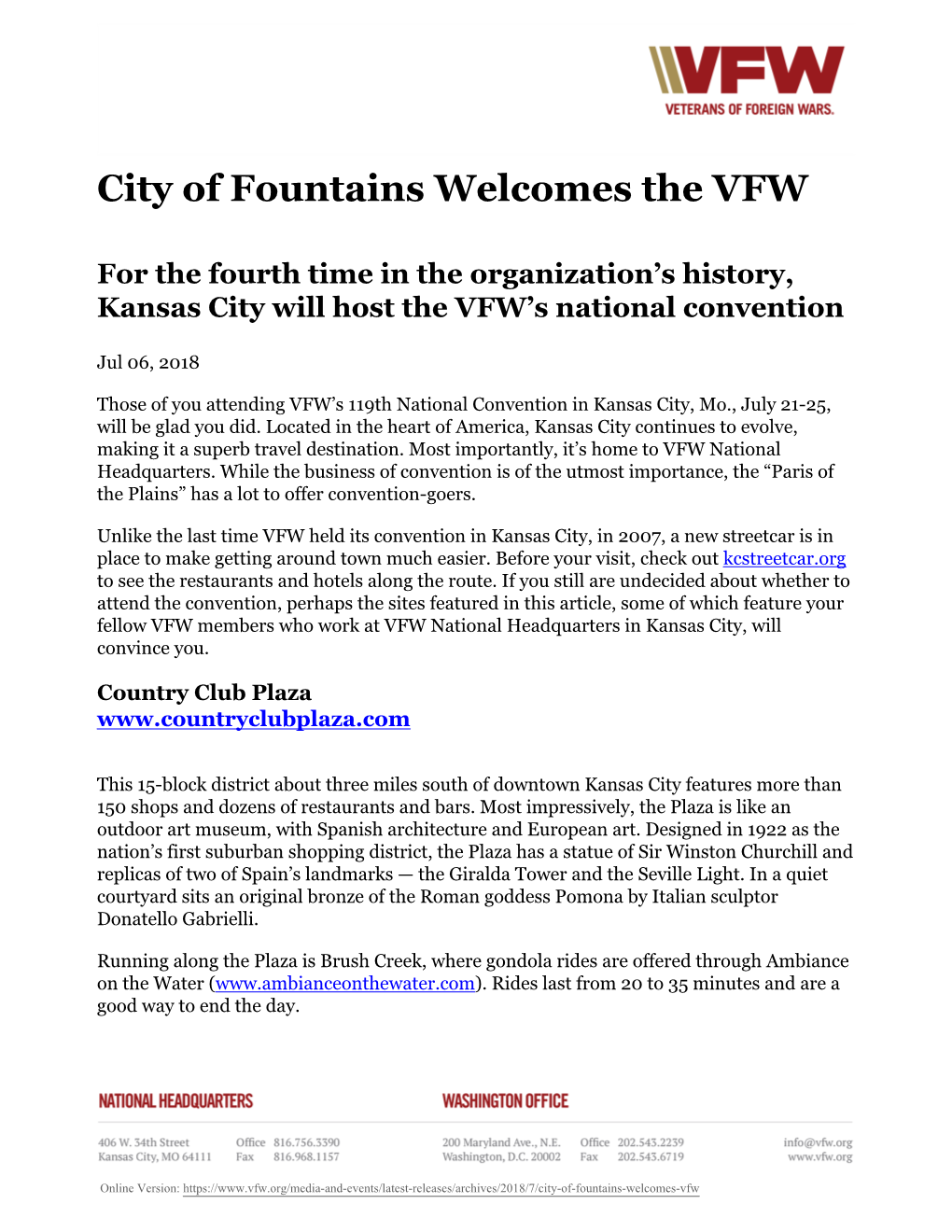 City of Fountains Welcomes the VFW