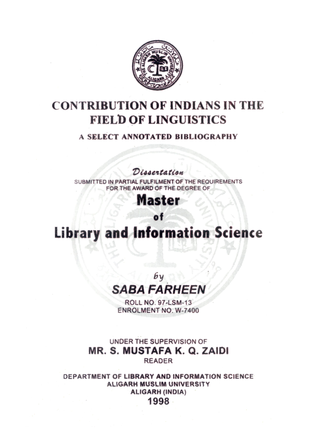 Master • ^V< V% Library and Information Science