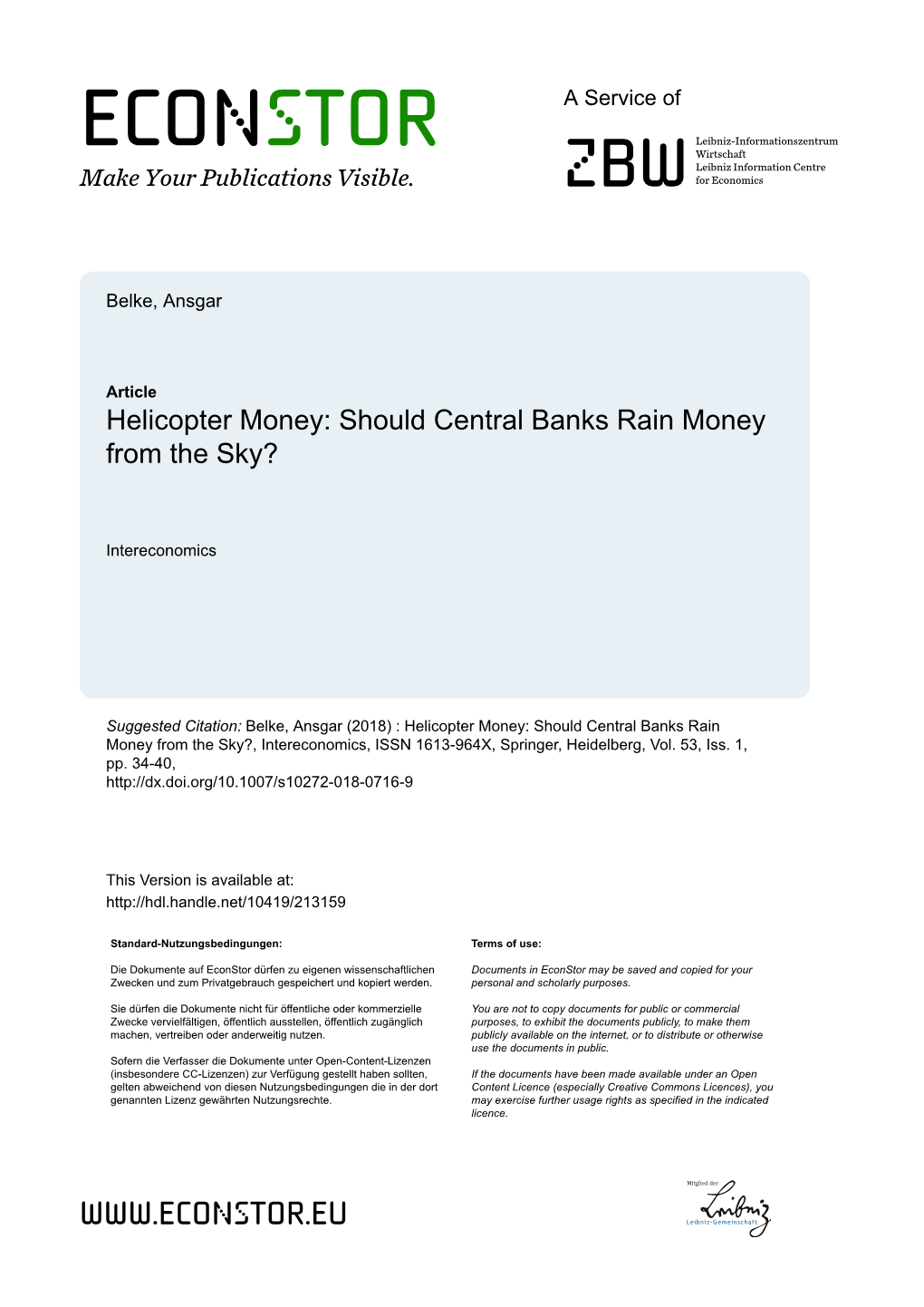 Helicopter Money: Should Central Banks Rain Money from the Sky?