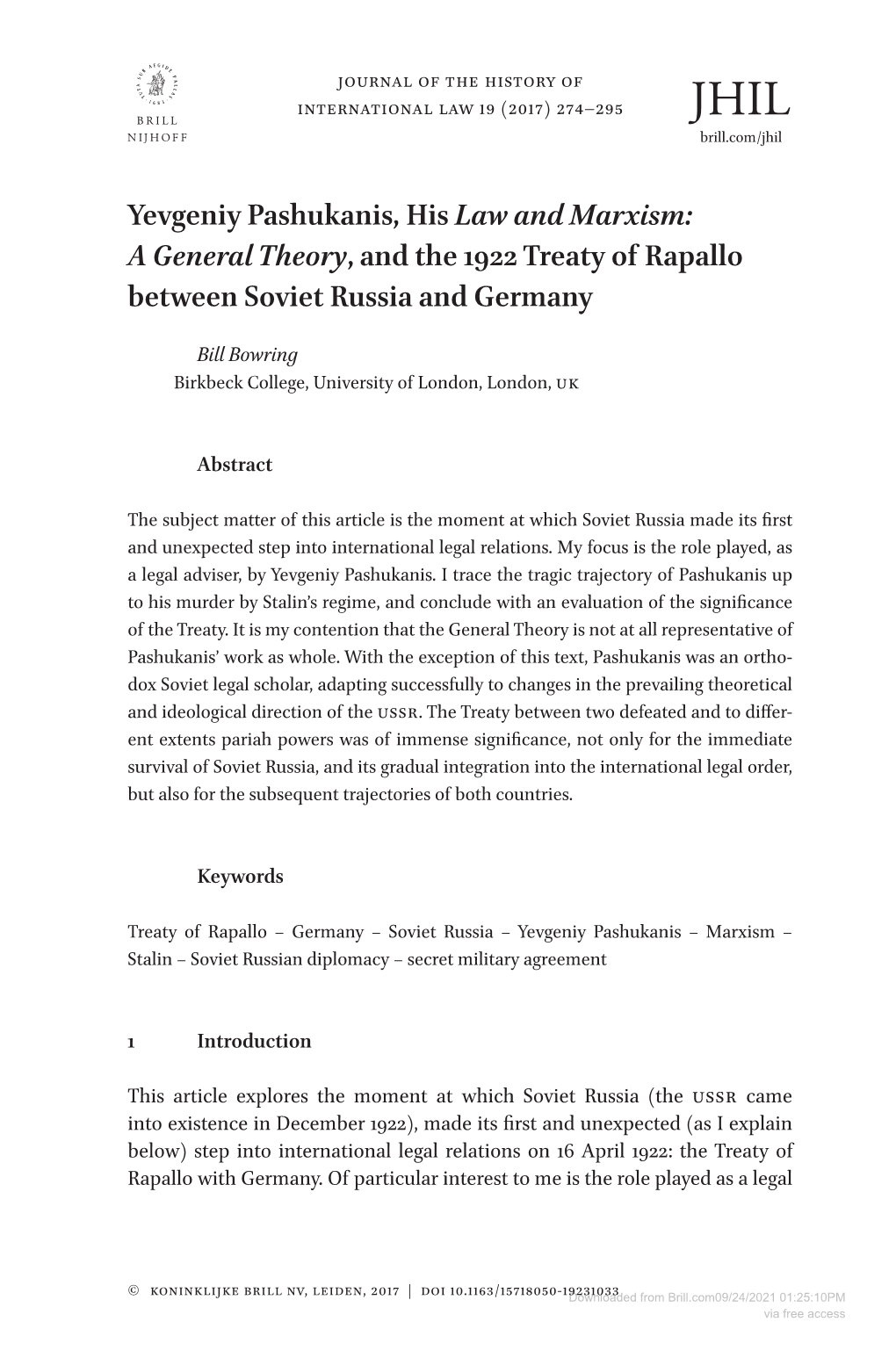 Yevgeniy Pashukanis, His Law and Marxism: a General Theory, and the 1922 Treaty of Rapallo Between Soviet Russia and Germany