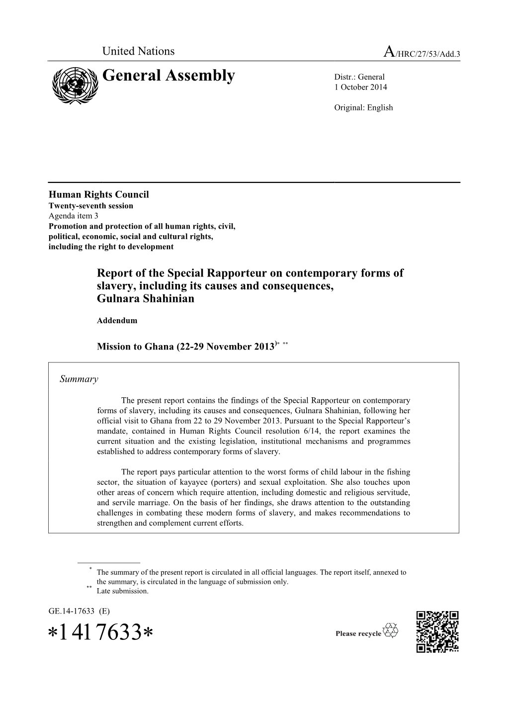 Report of the Special Rapporteur on Contemporary Forms of Slavery, Including Its Causes and Consequences, Gulnara Shahinian