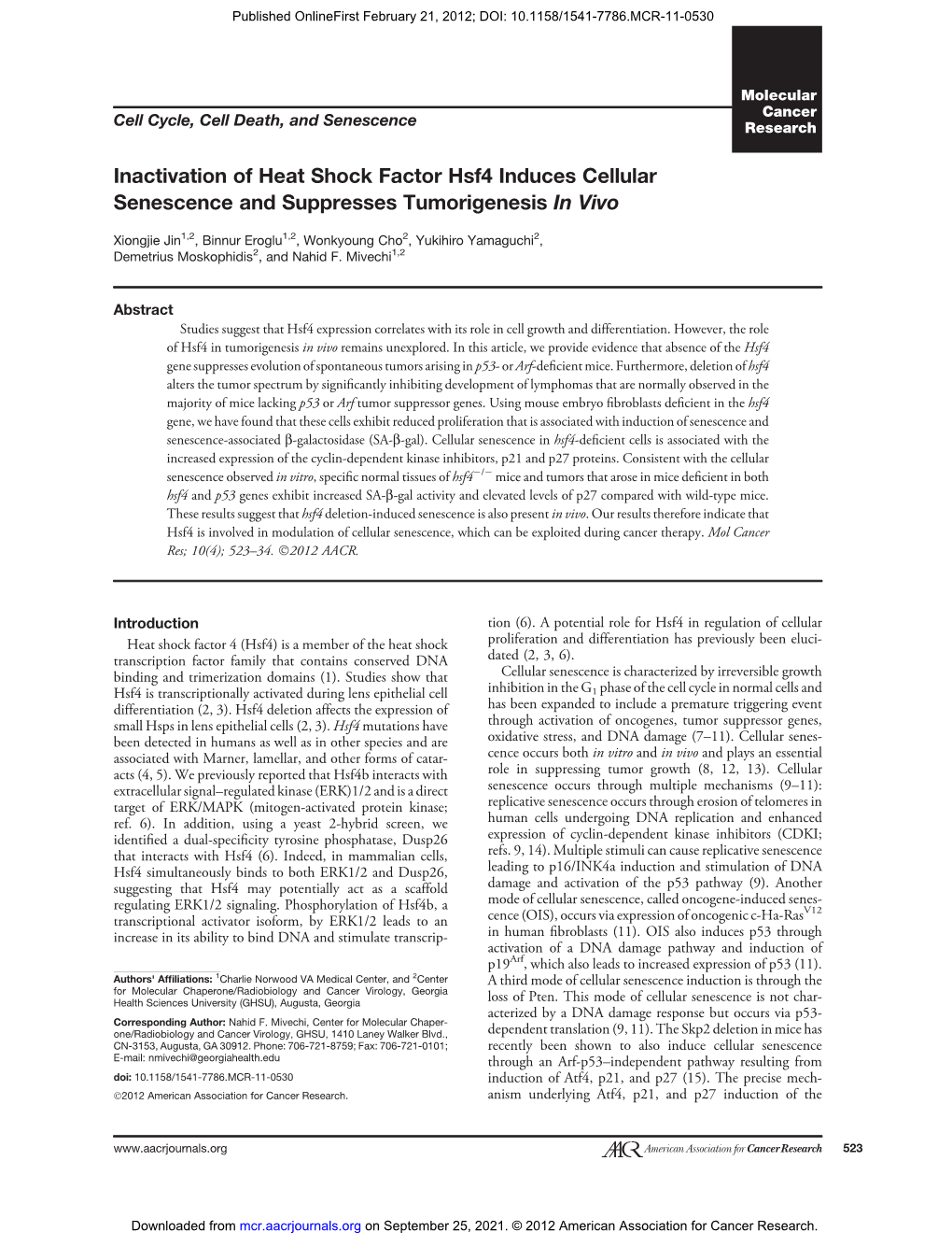 Inactivation of Heat Shock Factor Hsf4 Induces Cellular Senescence and Suppresses Tumorigenesis in Vivo