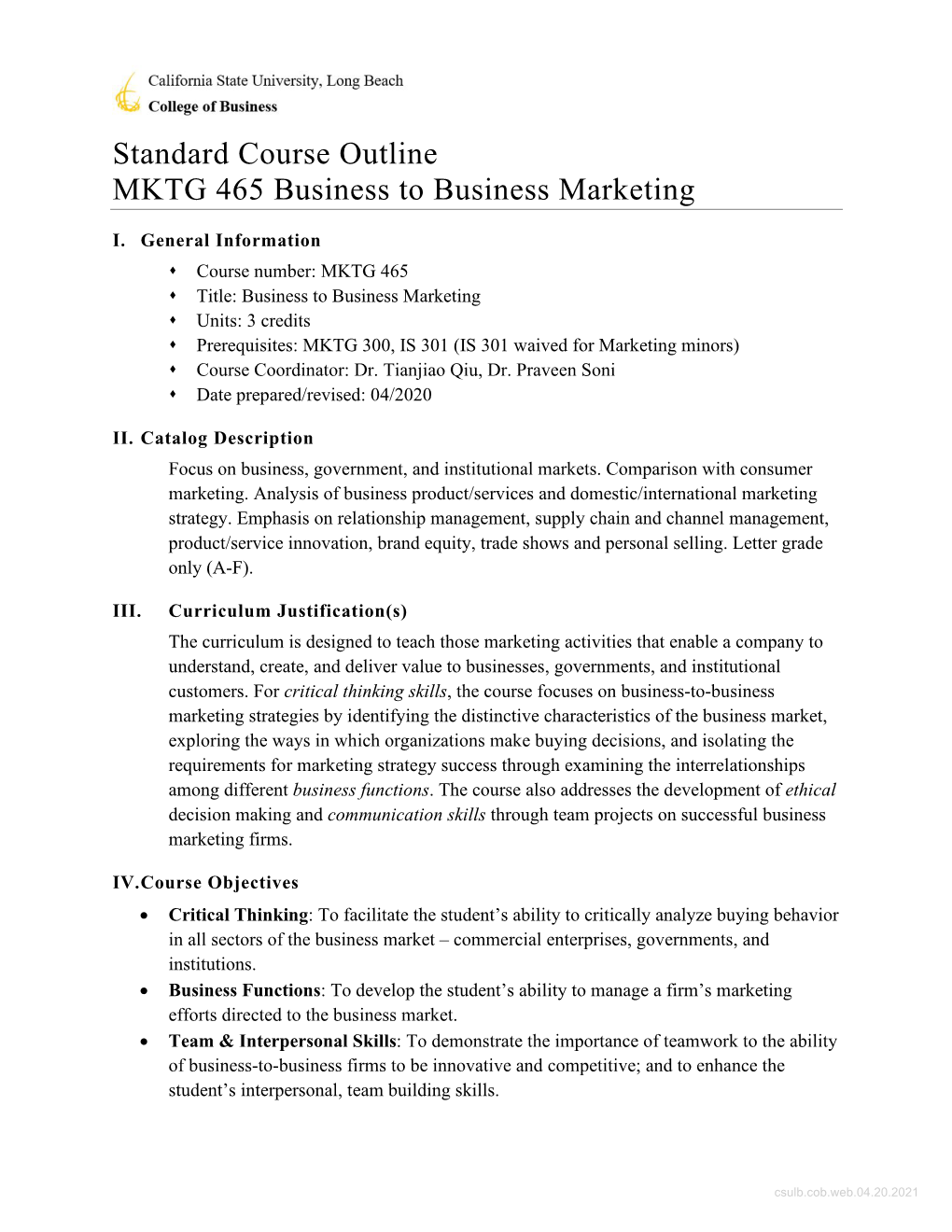 Standard Course Outline MKTG 465 Business to Business Marketing