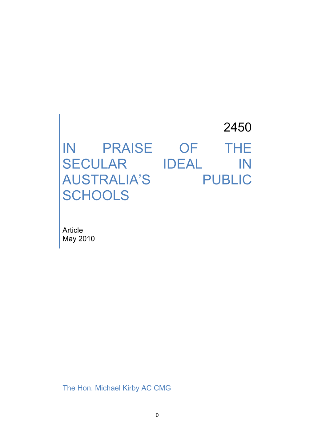 In Praise of the Secular Ideal in Australia‟S Public Schools