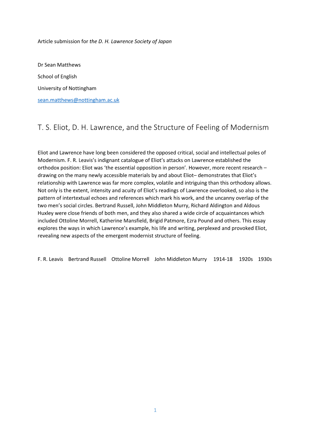 T. S. Eliot, D. H. Lawrence, and the Structure of Feeling of Modernism