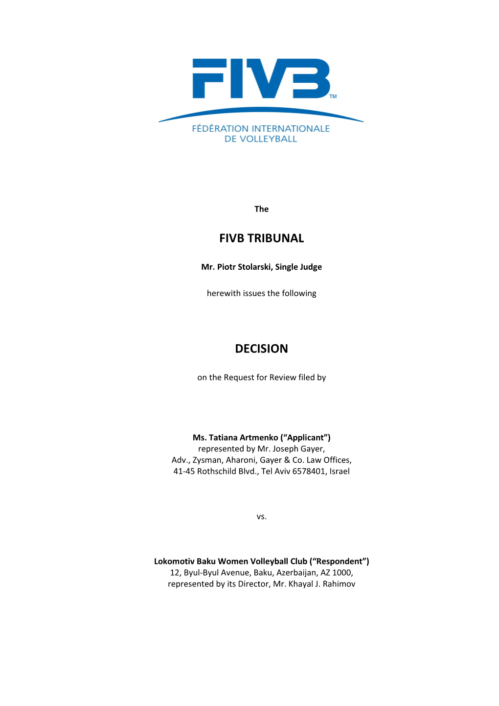 FIVB Tribunal Decision 2013-01 Page 2/14