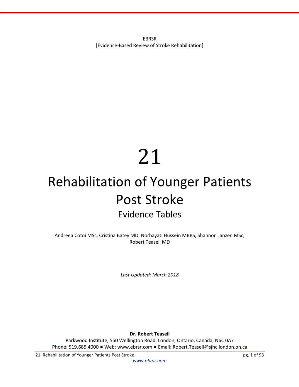 Rehabilitation of Younger Patients Post Stroke Evidence Tables