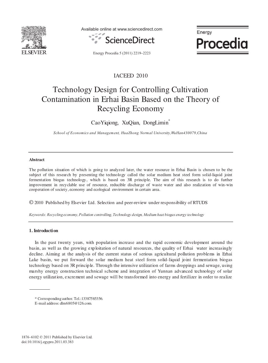 Technology Design for Controlling Cultivation Contamination in Erhai Basin Based on the Theory of Recycling Economy