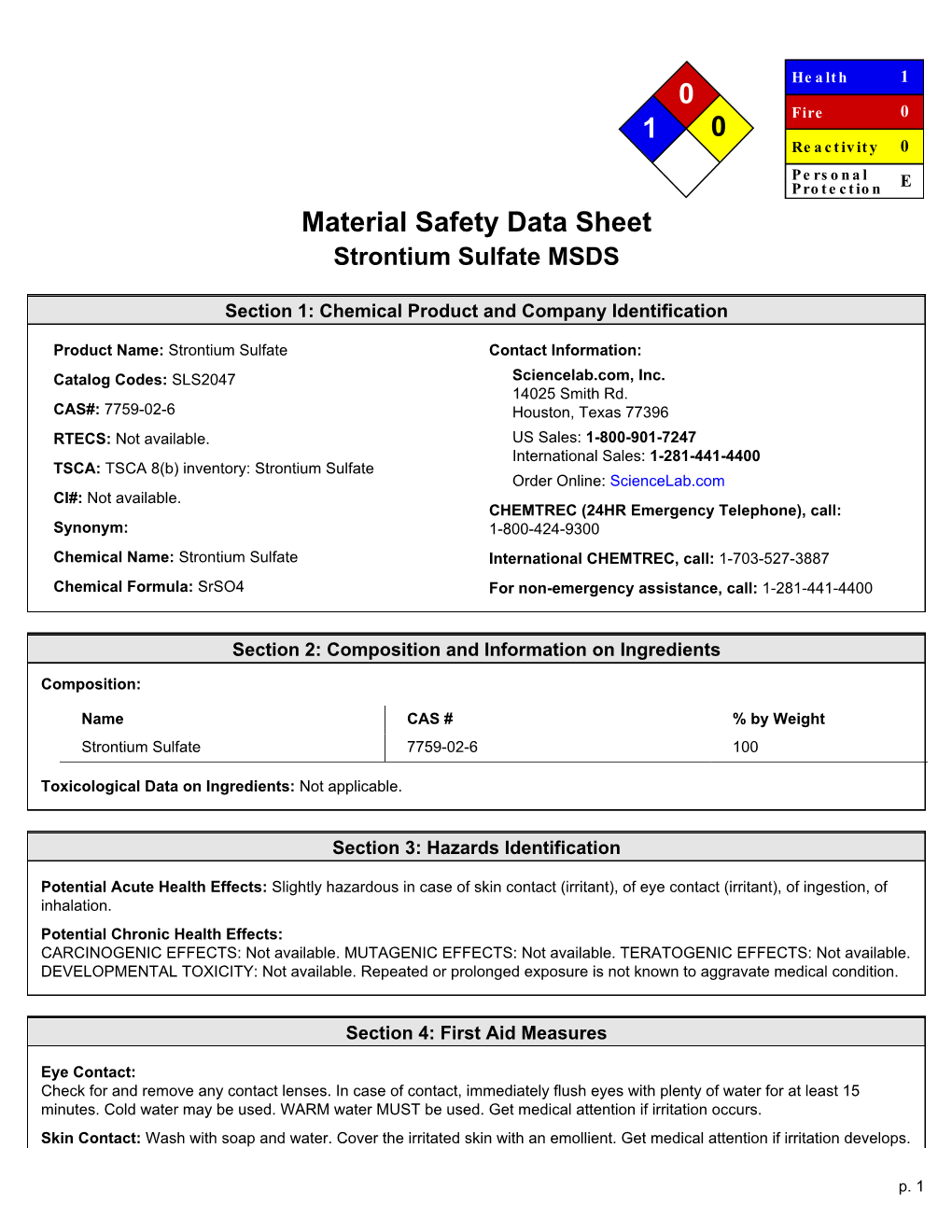 Material Safety Data Sheet Strontium Sulfate MSDS