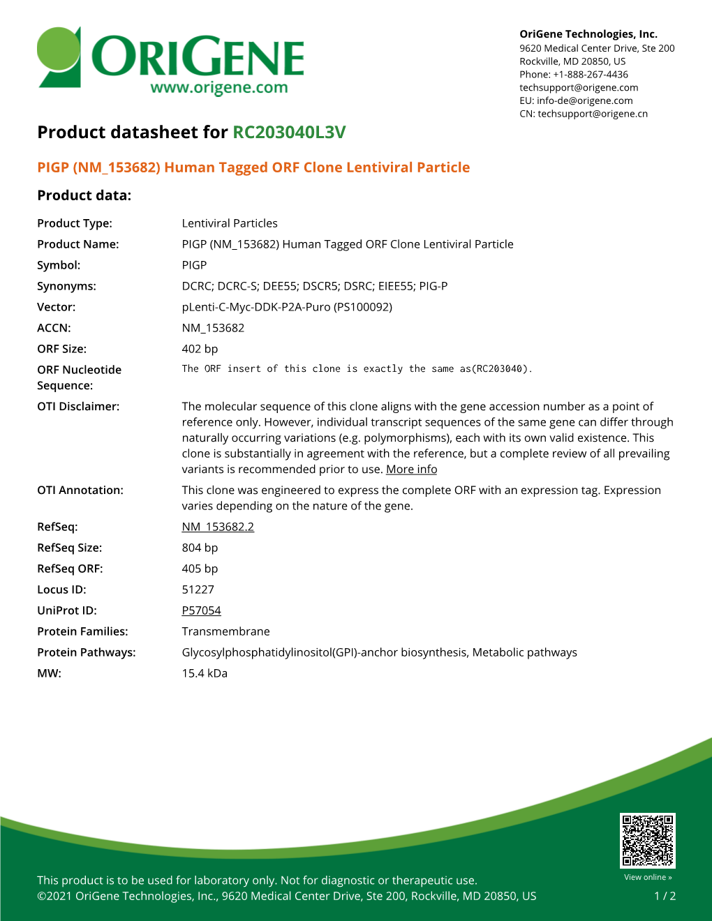 PIGP (NM 153682) Human Tagged ORF Clone Lentiviral Particle Product Data