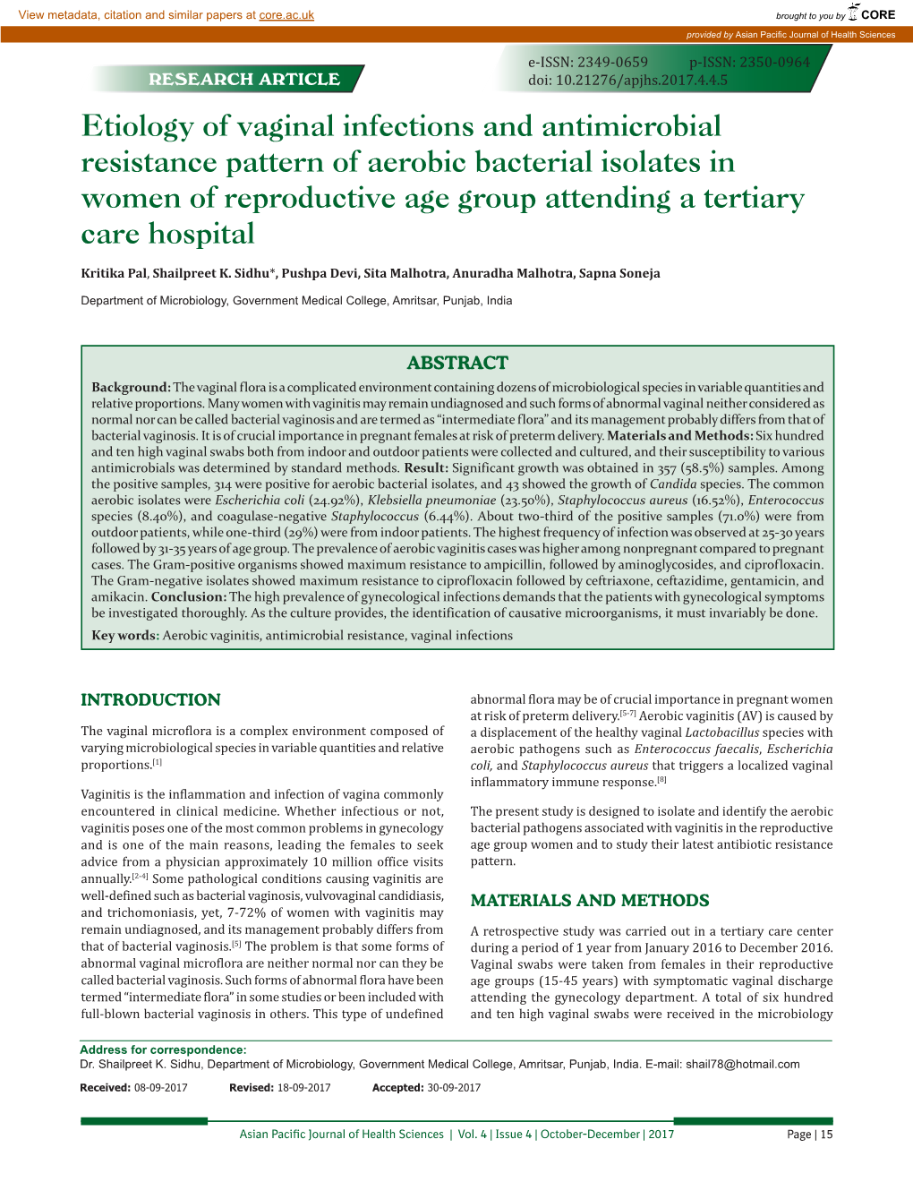 Etiology of Vaginal Infections and Antimicrobial Resistance Pattern Of