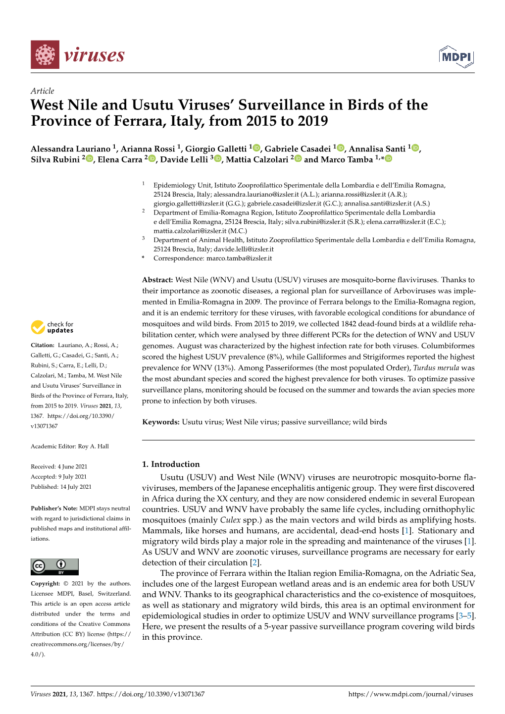 West Nile and Usutu Viruses' Surveillance in Birds of The