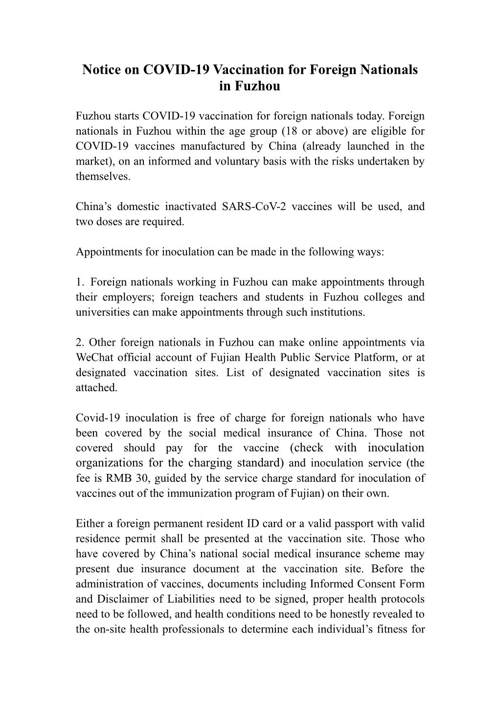 Notice on COVID-19 Vaccination for Foreign Nationals in Fuzhou